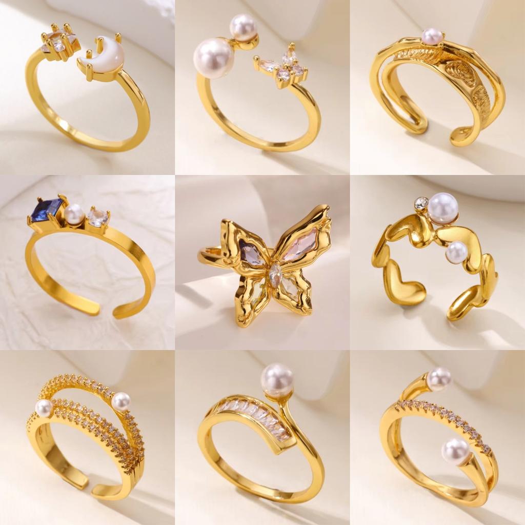 Fashion Wind Moon Butterfly Titanium Steel Ring K Gold Plated Pearl Inlaid Geometric Women's Hand Jewelry