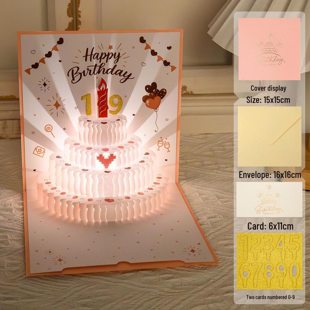 3D Pop-Up Geburtstags-Soundkarte mit Aufnahme-Licht - Kuchen-Design für Freund/Freundin Geschenk
