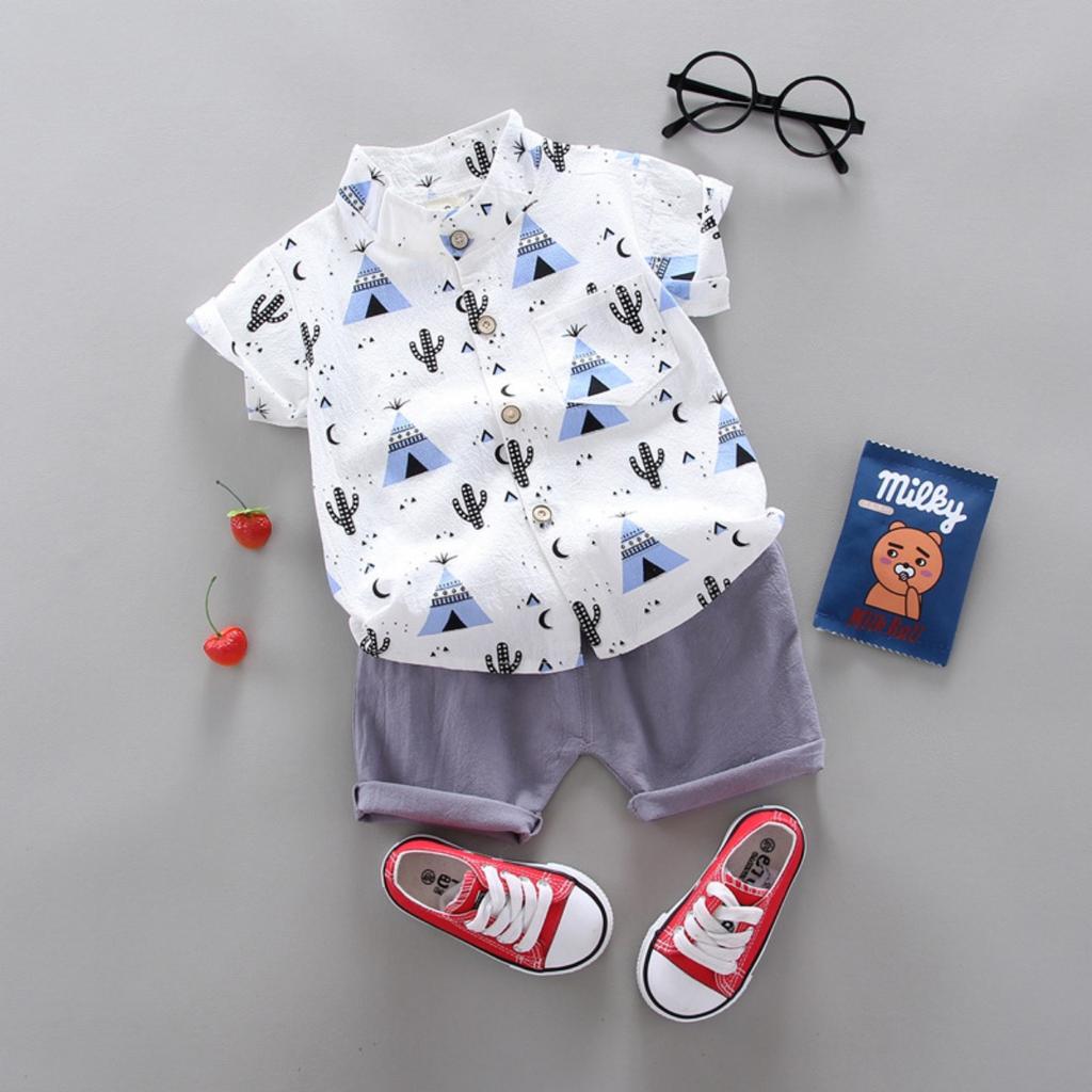 Summer Printed Pyramid Shirt Short Sleeved Shorts Set for Male and Female Infants and Young Children