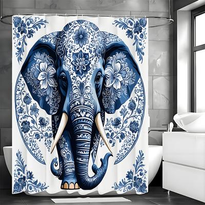 Modern Creative Art Elephant Flower Shower Curtain, Bathroom Decorative Shower Curtain, Waterproof Shower Curtain with Hooks