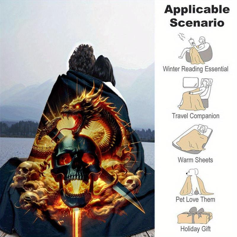 1pc Dragon and Skull Printing Lightweight Flannel Blanket, Comfortable and Warm Blanket, for Camping Sofa Bed and Couch Office, Gift
