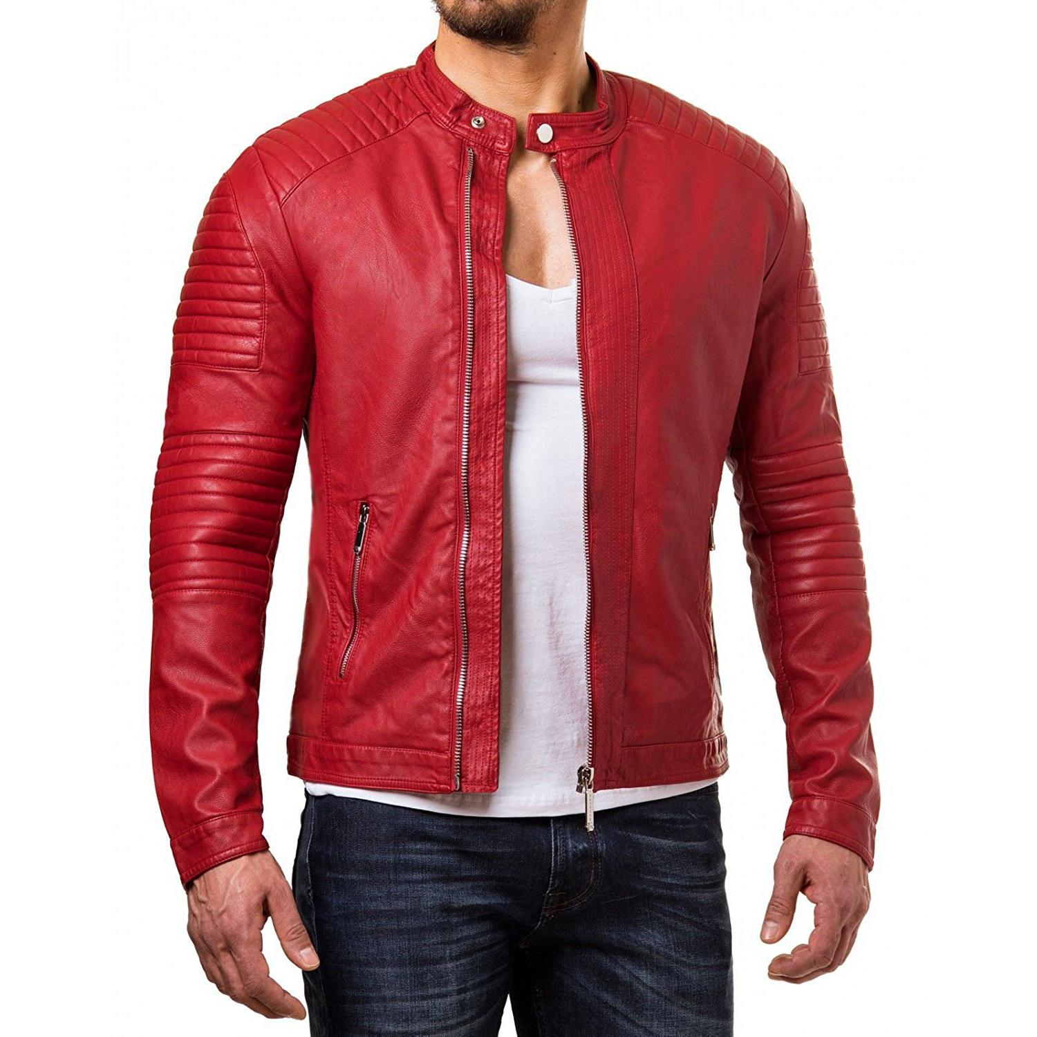 

SKINOUTFIT Men s Genuine Lambskin Red Leather Jacket Stylish Motorcycle Bomber Biker Outerwear MJ 250 XS червоний