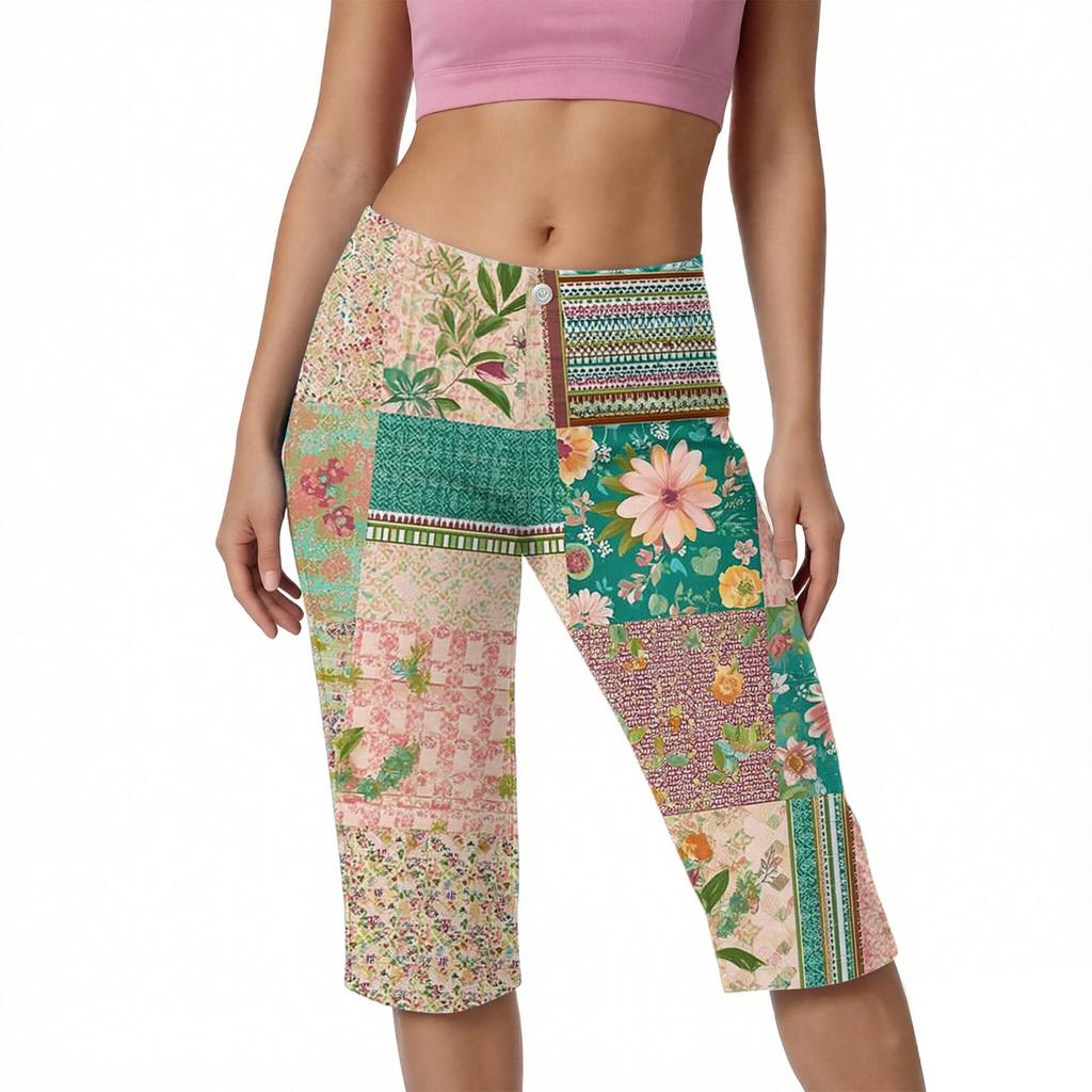 Women High Waist Printed Patchwork Yoga Capris with Button and Pockets for Athletic Comfort Fit