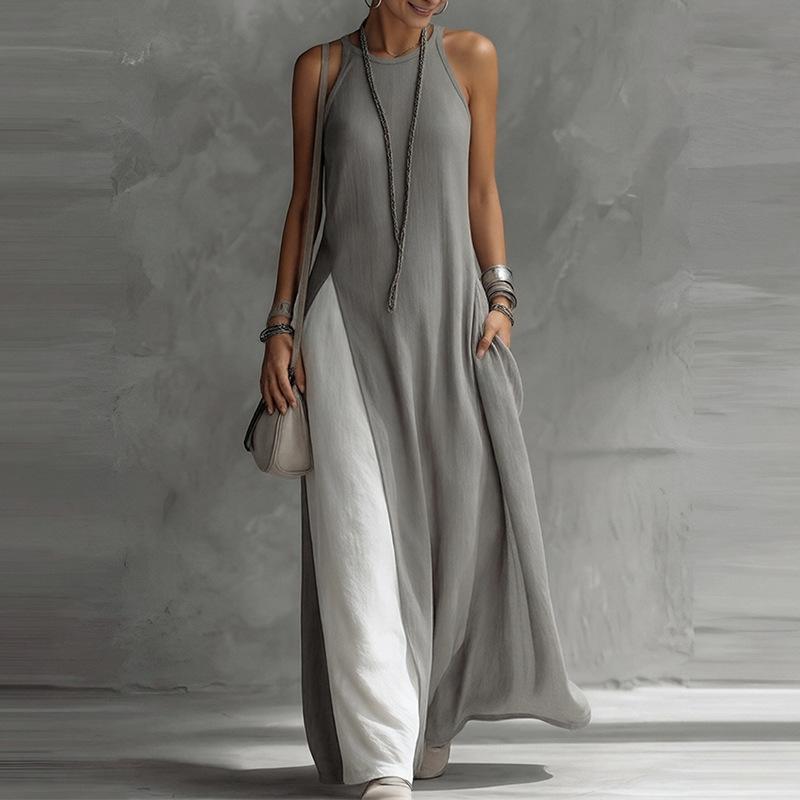 Spring New Women's Clothing, European and American, Fashionable and Elegant Color Contrasting Neck Sleeveless Dress