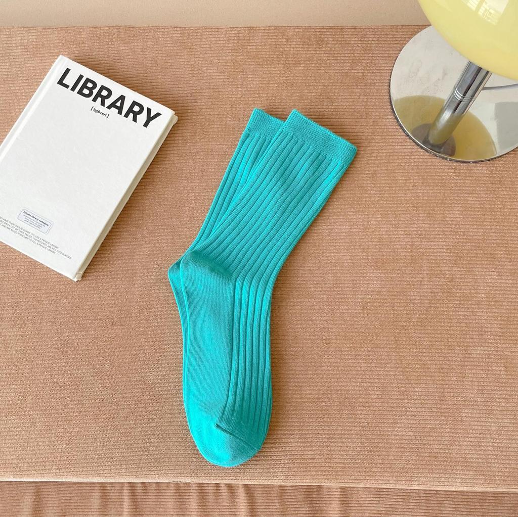 Dámské ponožky ze 100% čisté bavlny do půlky lýtek, trendy korejský styl, jednobarevné, dvoujehlové, podzimní/zimní svislý proužek, podkolenky s volným lemem