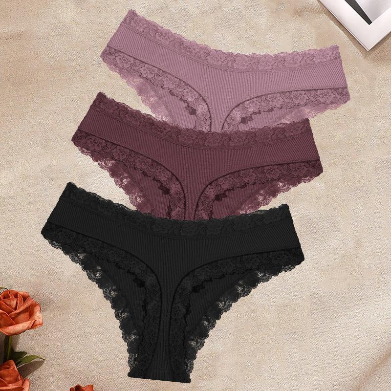 FINETOO 3Pcs/Set Women's Cotton Lace Thongs Underwear Seamless Low Waist Ribbed Breathable Panties Female Soft Comfortable Sexy Lingerie