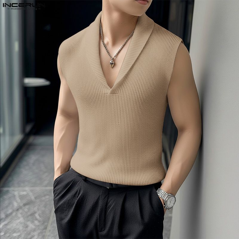 INCERUN Summer Men Sleeveless Solid Knitted Casual Fitted Tank Tops
