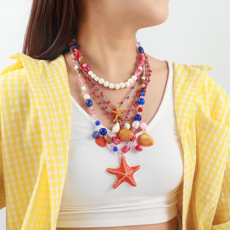 Multi-Layer Hand Woven Beaded Starfish Shell Necklace For Women Summer Ocean Vacation Style Party Jewelry Neck Accessories