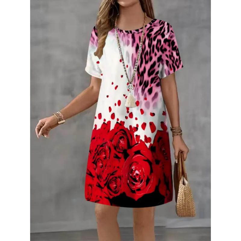 Patterns Women Mini Dresses Summer Short Sleeve Printed Plus Size Casual Comfortable Soft Dress