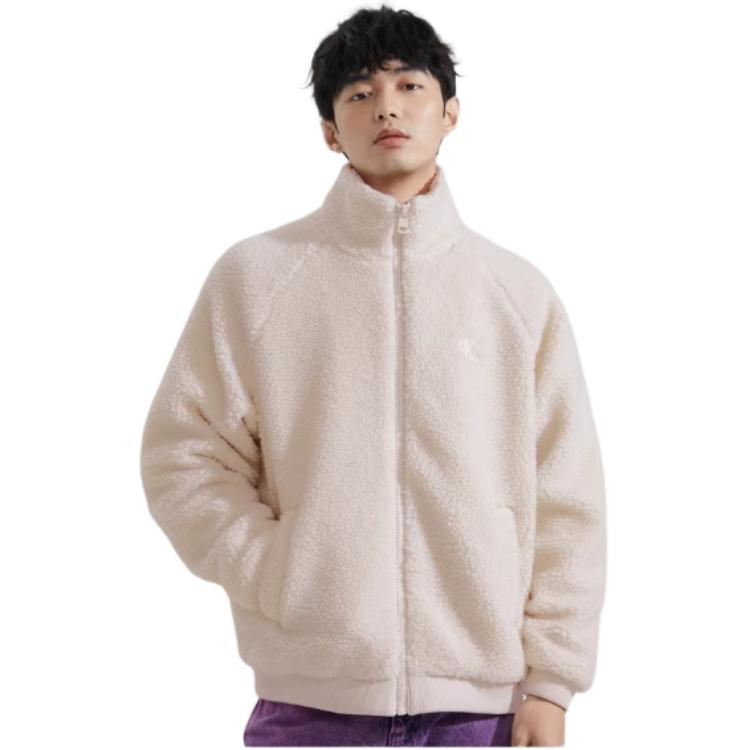 Calvin Klein Letter Embroidery Faux Shearling Stand Collar Jacket Men Jacket Off-White J324346-ACF