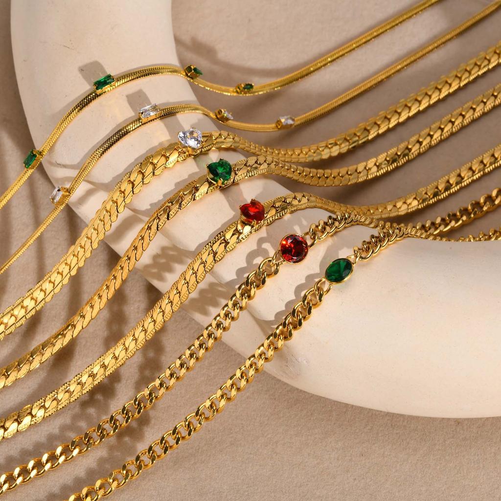 Stainless Steel Red Green Zircon Necklace Gold Female Collarbone Chain Flat Snake Chain, Accessories 1201