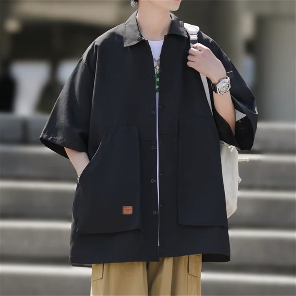 Trysimple Casual Short Sleeve Open Dress Summer Flattering Loose with Pockets Men's Shirt, Collar, Shirt, Jacket, Fit, Fit, (4XL, Black)