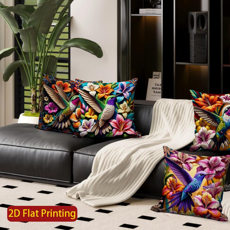 2D Hummingbird Floral Tropical Throw Pillow Covers Pattern Cushion Cover Suitable For Sofa Bedroom Car Pillow Cover