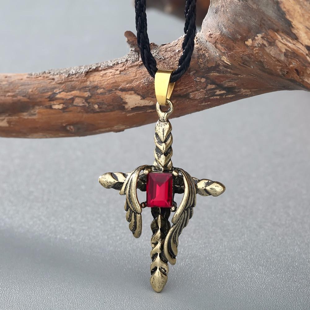 Kinitial Gothic Punk Style Red Cubic Zirconia Inlay Dragon Cross Wings Pendant Necklace for Men Charm Choker Jewelry