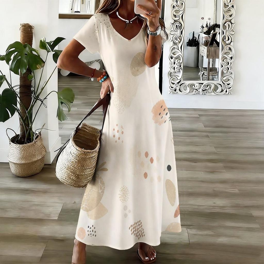 Women Plus Size V Neck Short Sleeve Printed Straight Maxi Dress