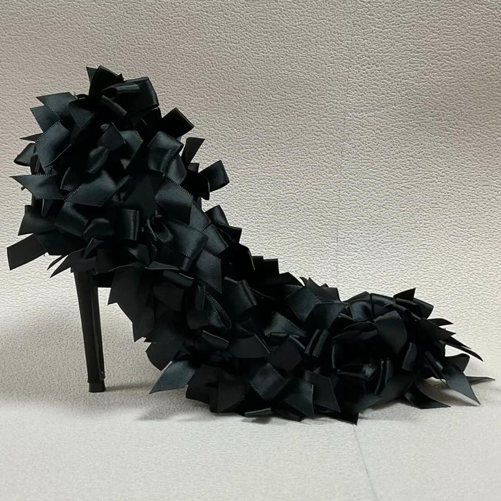 Black Satin Butterfly-Knot Women Pumps 2025 Summer New Shallow High Heels Pointed Toe Stiletto Heel Casual Sandals