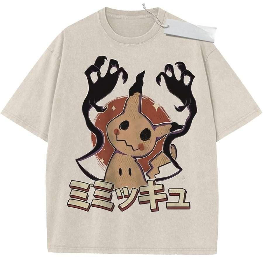 

T Shirt Sports T Shirt Short Sleeve T Shirt Multi Color Unisex Pure Cotton Washed Vintage Pokemon Mimikyu Cute Character Print M
