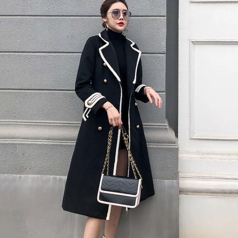 Women's Long Woolen Coat Autumn Winter Thick Slim Black Double Breasted Trench Coats Female Korean Casual Parker Overcoat