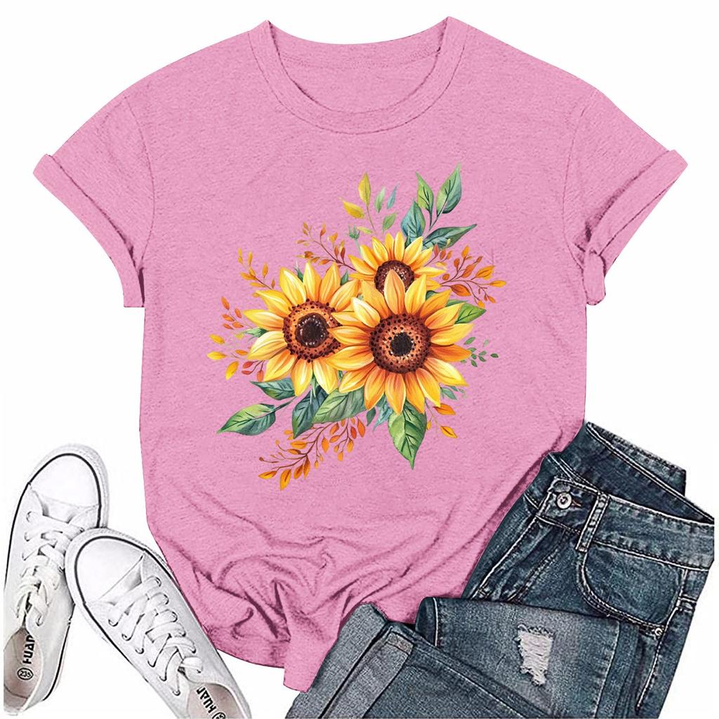Women Fashion Printed Round Neck Short Sleeve T-Shirt Pullover Top