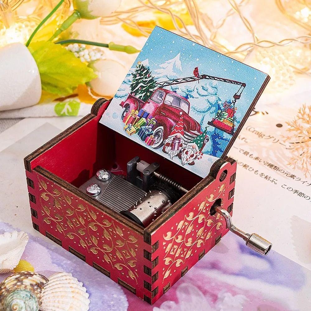 Red Music Box Ornaments Painted Santa Claus Wooden Box Fashion Hand-cranked Music Box  New Year