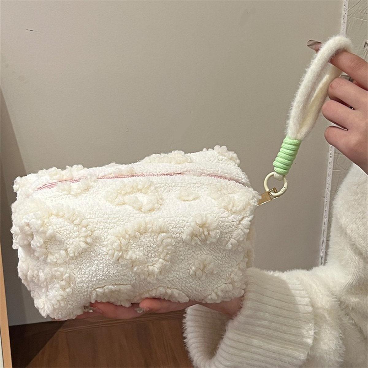 

Cute Plush Makeup Bag with Handle Large Capacity Love Print Cosmetic Organizer Portable Soft Travel Storage Pouch Pencil Case