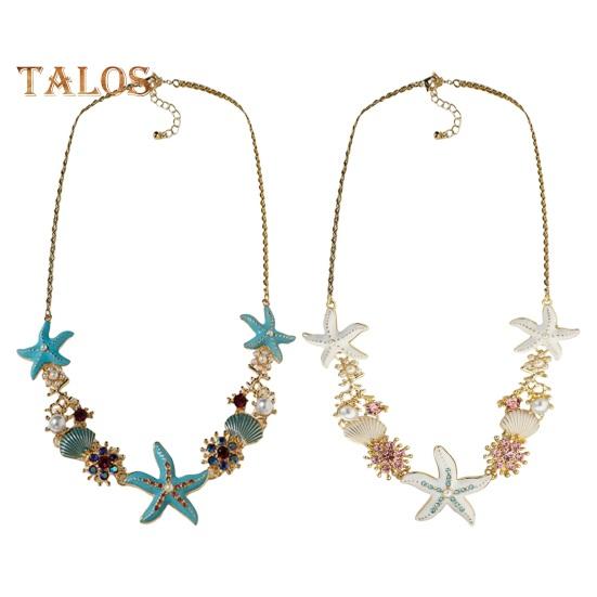 Exaggerated Women Necklace Ocean Theme Starfish Coral Shell Hollow Out Faux Pearl Rhinestone Decor Adjustable Length Lady Vacation Beach Neck Jewelry