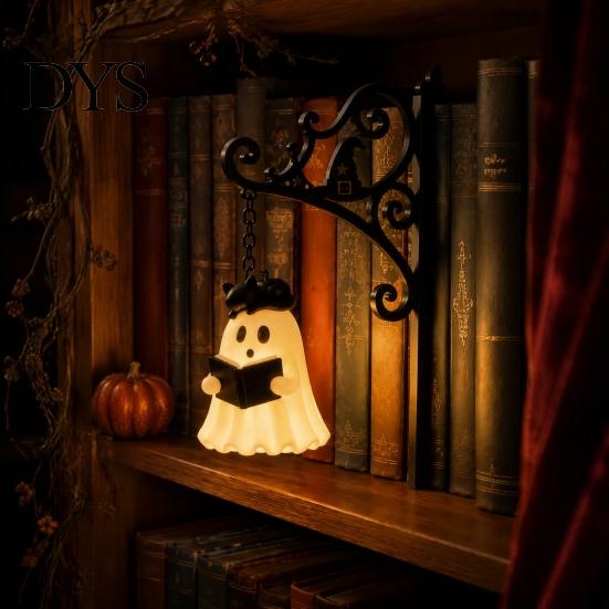 Retro Iron Hanging Lamp Ghost Book Light, Spooky Bookshelf Decor with Warm Whimsical Home Office Ornament Glow, Gothic Reading Corner Ambient Lighting