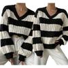 New Autumn/Winter Relaxed-Style Knitwear: Loose-Fitting, Fashionable Women’s V-neck Retro Colour-Blocked Striped Jumper
