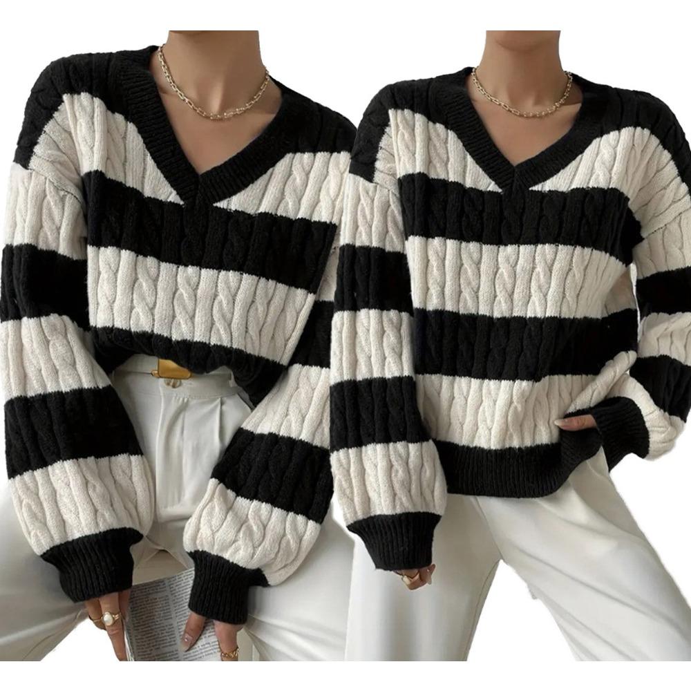 New Autumn/Winter Relaxed-Style Knitwear: Loose-Fitting, Fashionable Women’s V-neck Retro Colour-Blocked Striped Jumper