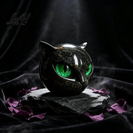 Retro Dark Home Accents Spherical Black Cat Head Ornament Resin Gothic Style Sculpture with Colorful Spooky Shelf Decoration Eyes for Halloween