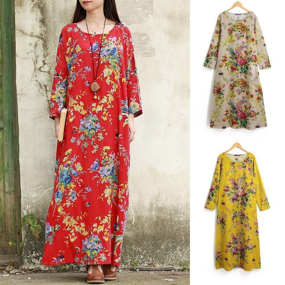 Vintage Women Casual Boho Dress Maxi Loose Long Cotton Dress Floral Sleeve Linen