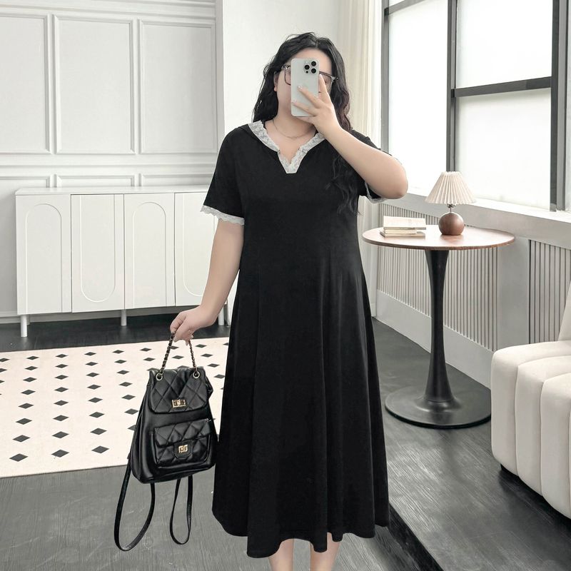 

Plus size women clothing [Street Shooting Black Dress] Lace Hood Dress Summer Chubby Girl Temperament Belly Covering Short sleeve Skirts Night Sky Black 6XL