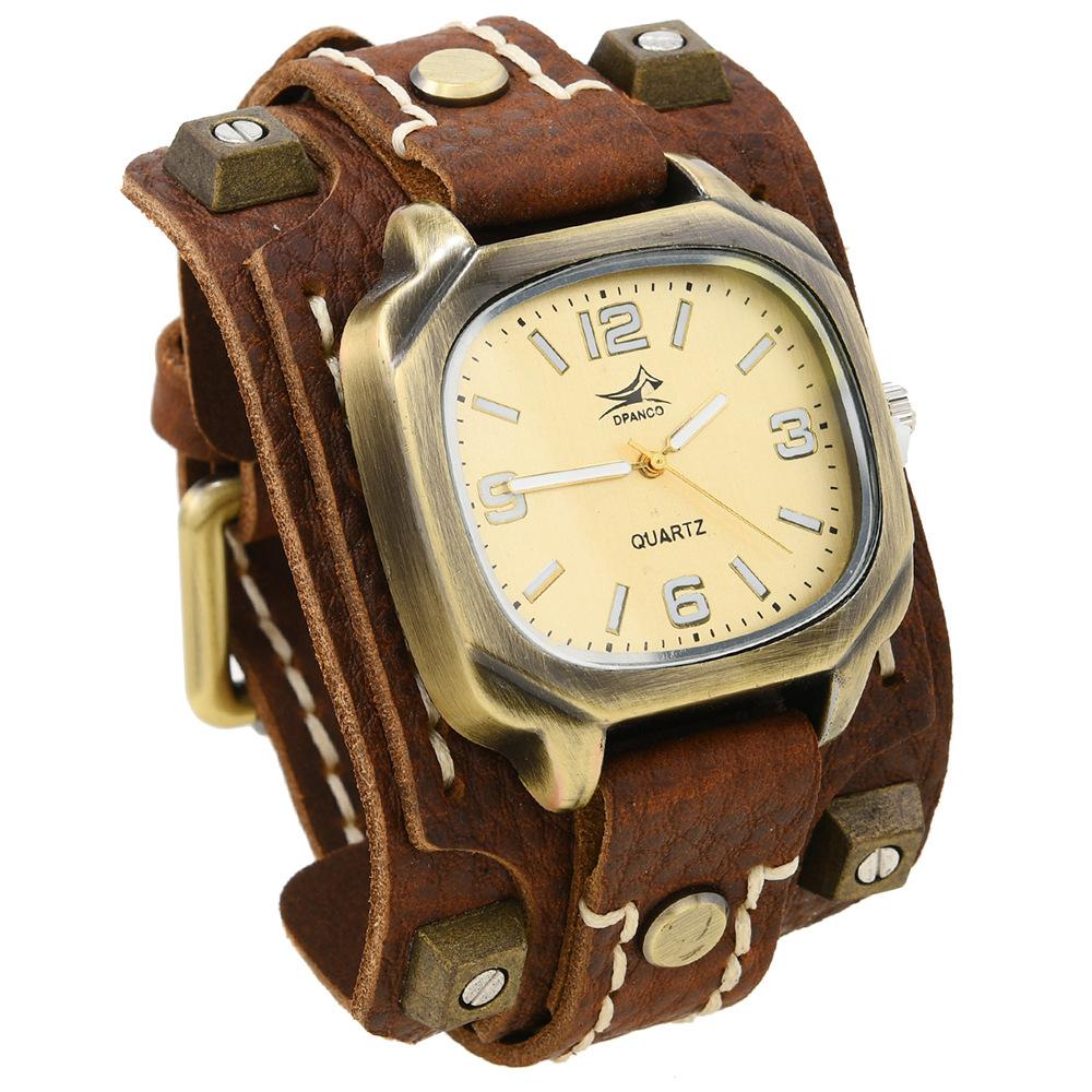 Retro Punk Hip-Hop Style Men'S Quartz Watch - Rivet Cowhide Leather Strap, Adjustable Hand-Stitched