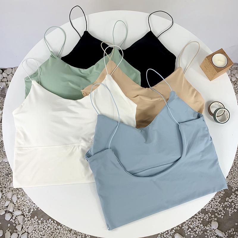 Korean Summer Ice Silk Seamless Camisole with Chest Pads Women's Anti-Exposure Stylish Back Vest