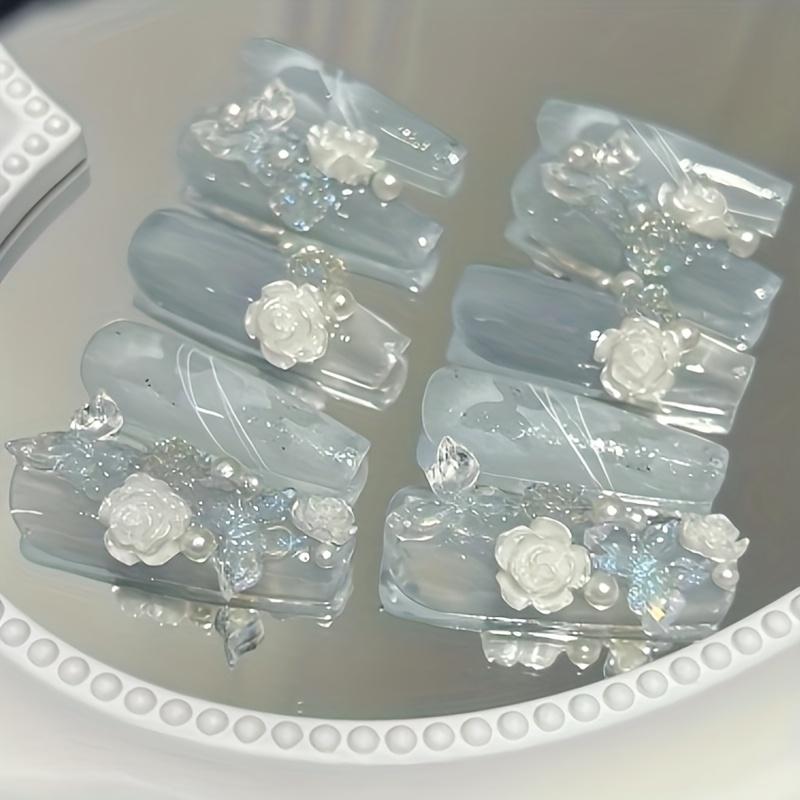 10Pcs Blue White Gradient Camellia Handmade Press On Nails Removable Fake Nail Tips Pure Desire Manicure