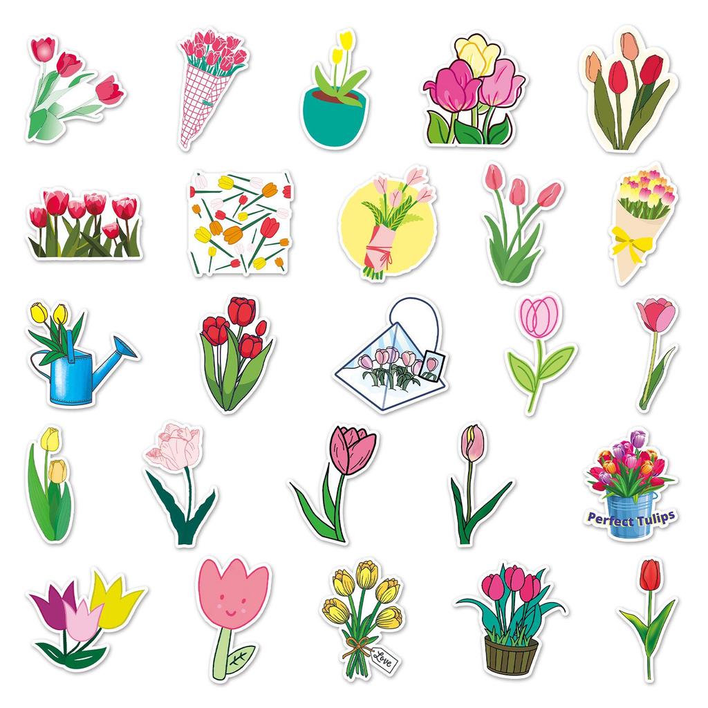 50pcs Tulip Cartoon Graffiti Stickers for Journals, Water Bottles & Suitcases - Waterproof