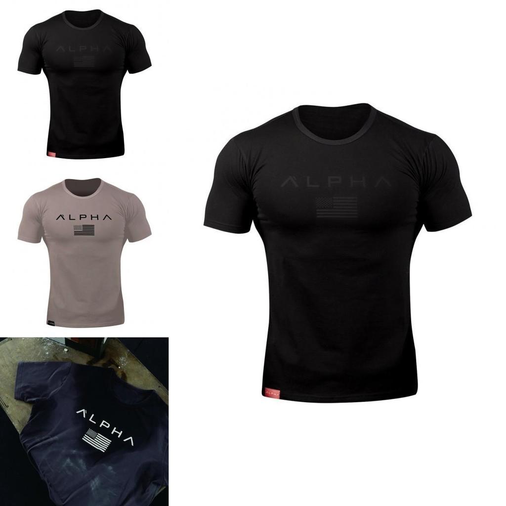 Erkek Spor Vücut Geliştirme Fitness Kas Antrenmanı Bisiklet Yaka Tişört Nefes Alabilir Hızlı Kuruyan Kumaş ve Amerikan Bayrağı Baskılı