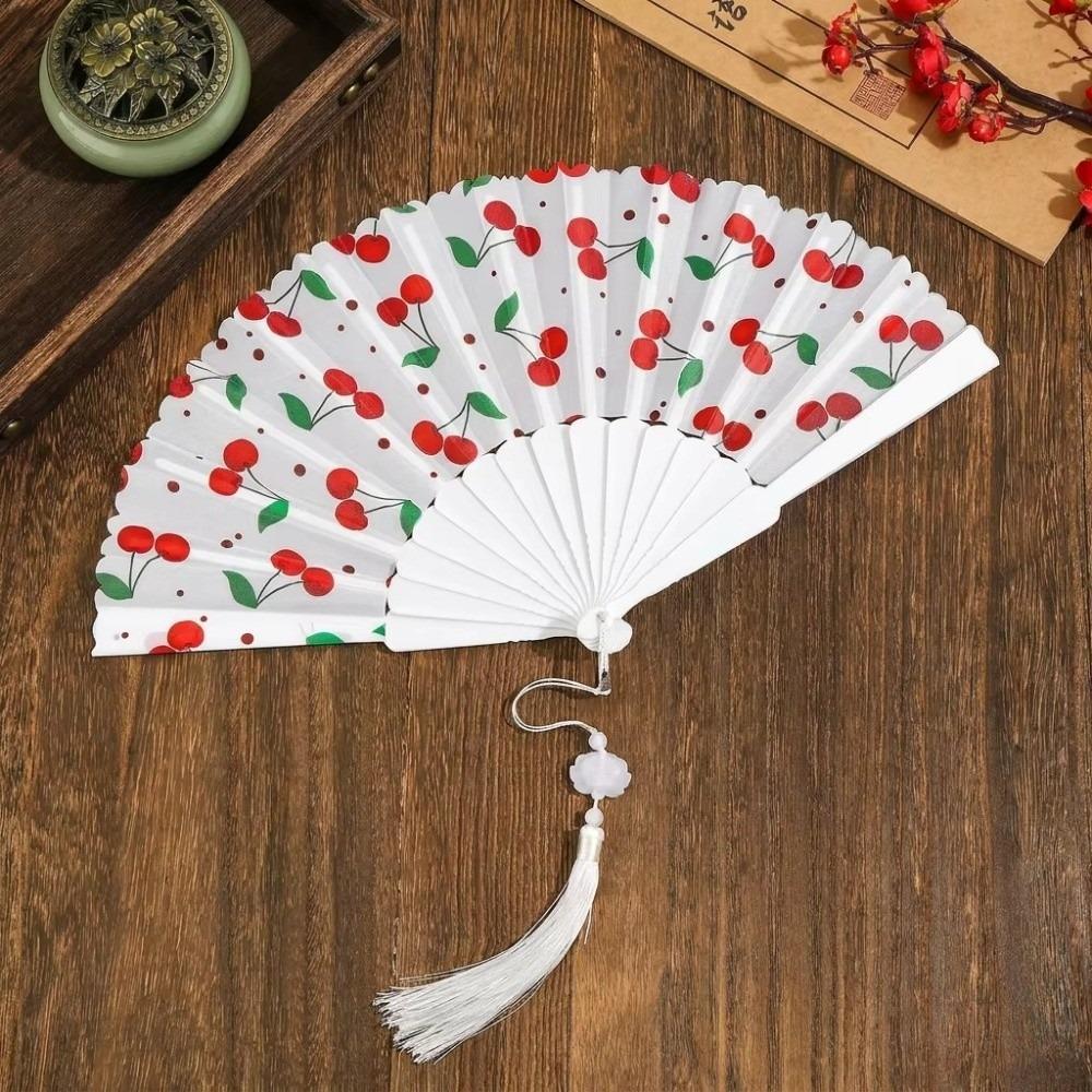 Ventilateur à main pliant design cerise motif fruité Ventilateur rafraîchissant Cadeau Ventilateur à pompon en tissu Femmes