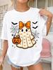 Cute Cartoon-style Women's T-shirt, Featuring a Halloween Pumpkin Bucket and Bat Pattern, Casual Wea