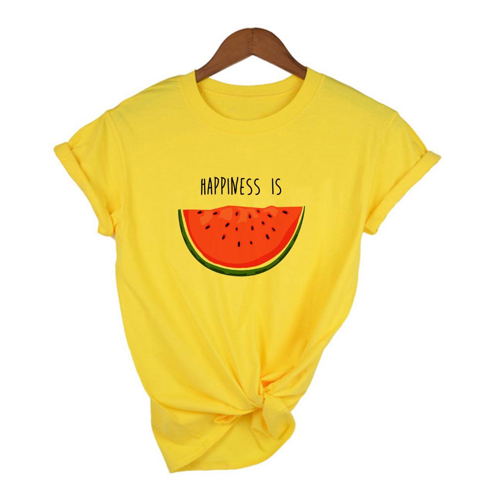 Glück Ist Wassermelonen-Print Sommer Damen S T-Shirt Lässig Damen Kurzarm Rundhals T