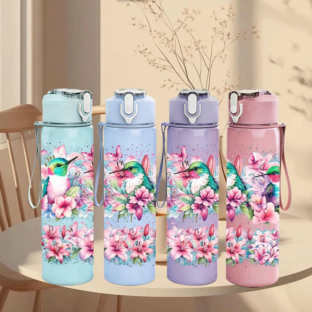 1PC Pink Boho Floral Abstract Pattern 750ml Color Plastic Sports Water Bottle Leakproof Flip Straw Lid Suitable for Sports Office Home Use