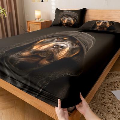 Set 3 piese Cearșaf cu elastic Model Câine cu pălărie - Moale și Confortabil Dormitor, Cameră de oaspeți și Cămin Decor Lenjerie de pat Set Husă de pat