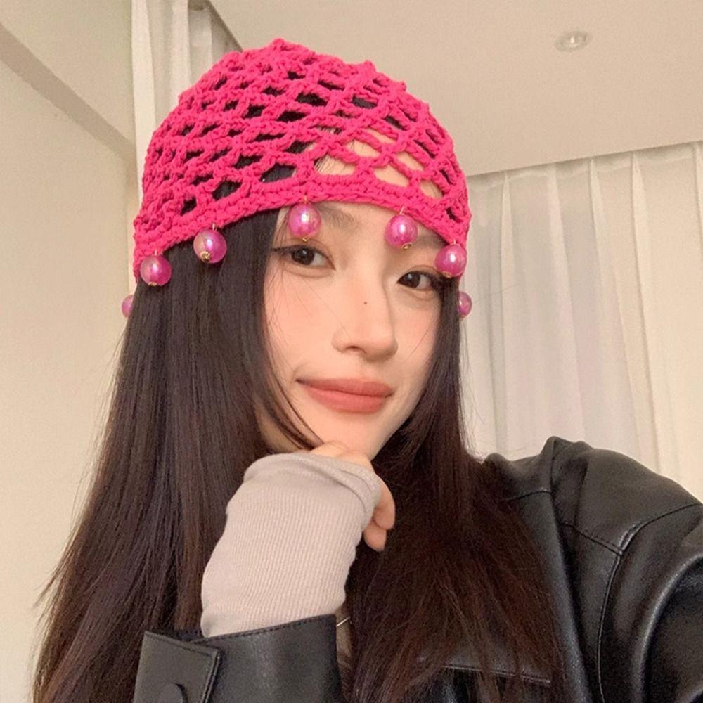 Round Beads Knit Beanies Hollow Out Ethnic Style Hat Crochet Hollow Tassels Knitted Hat  Outdoor