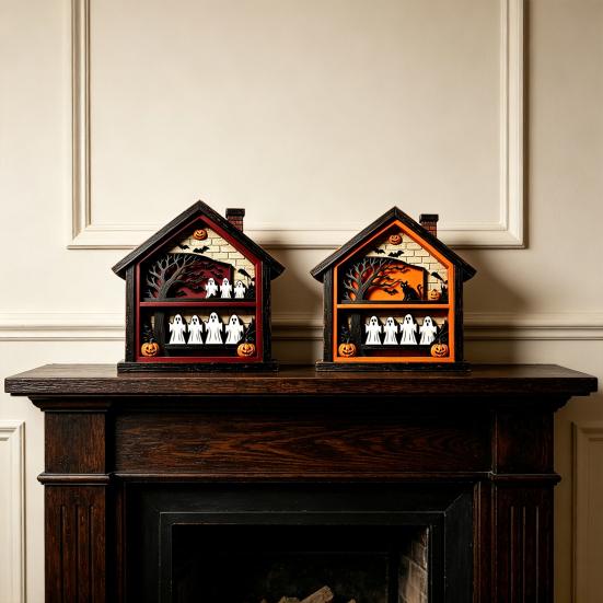 Halloween Wooden Table Sign Ghost Skeleton Block Spooky House Shape Sign Rustic Farmhouse