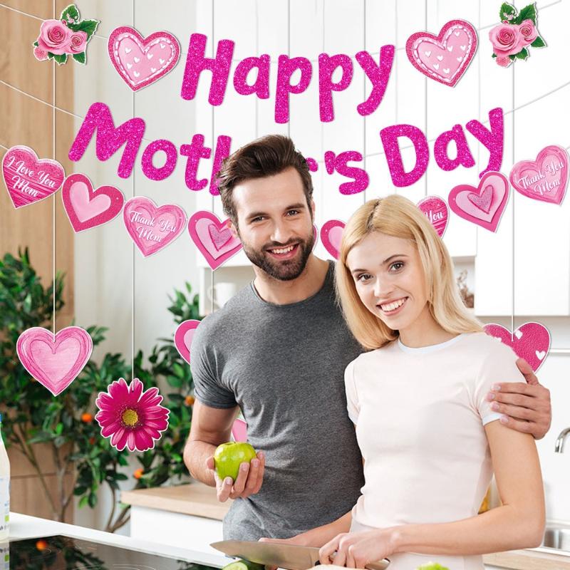 §Happy Mother's Day Paper Pendant Banner Mother's Day Pink Party Decoration Heart Flower Mom Day Paper Garlands