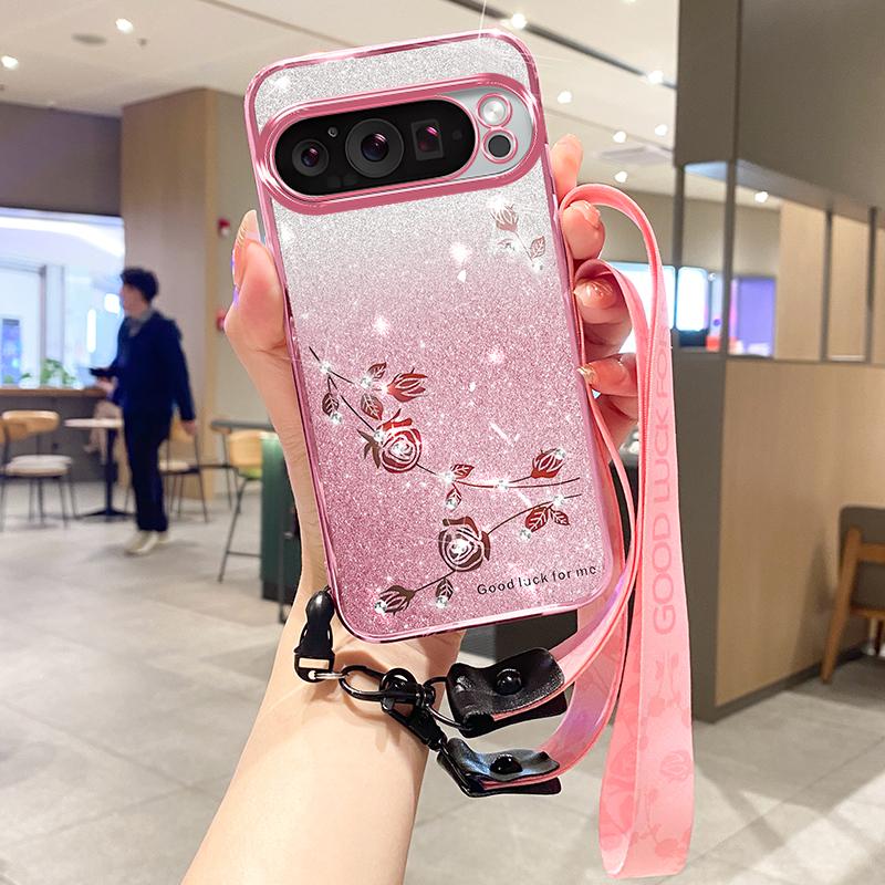 KADEM For Google Pixel 9 Pro XL Gradient Glitter Case Soft TPU Phone Cover with Lanyard