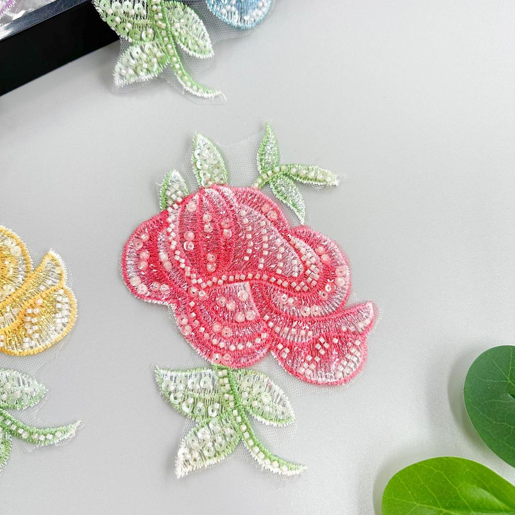 Multi-Color Handmade Beaded Sequins Three-Dimensional Rose Patch Clothing Top T-Shirt Decorative Cloth Sticker Accessories