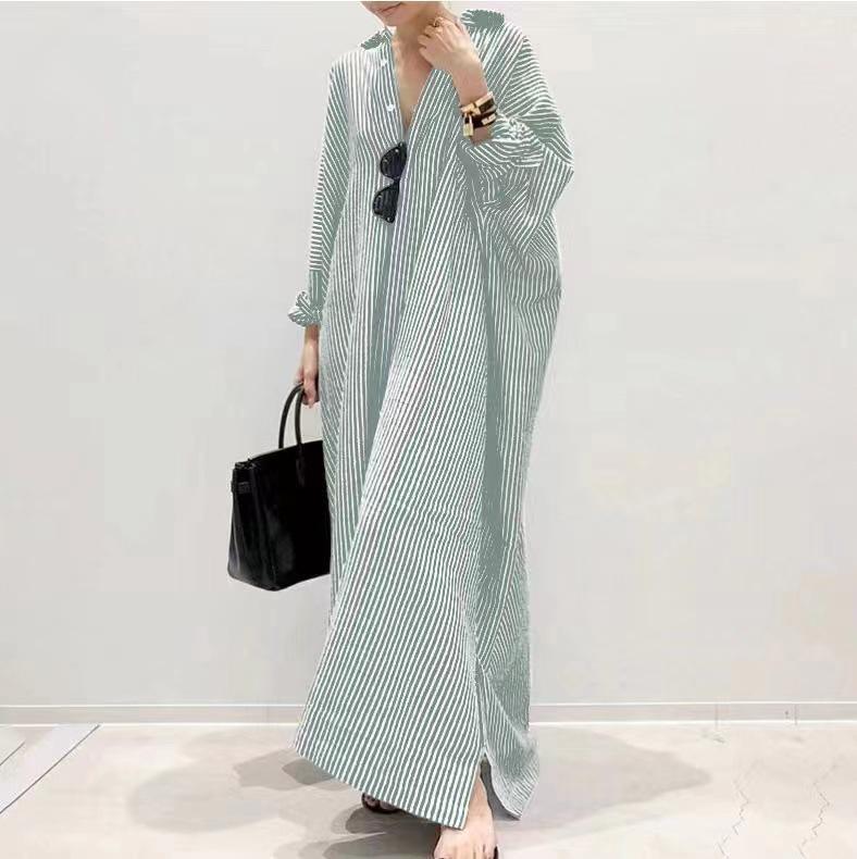 

Plus Size Women s Striped Long Shirt Dress with Seven-Sleeve Loose Coat 5XL