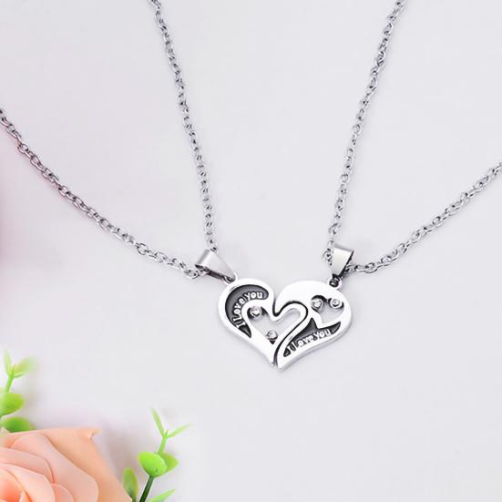 1 Pair Couple Necklace I Love You Rhinestone Inlaid Unisex Heart Shape Pendant Lover Necklace for Anniversary