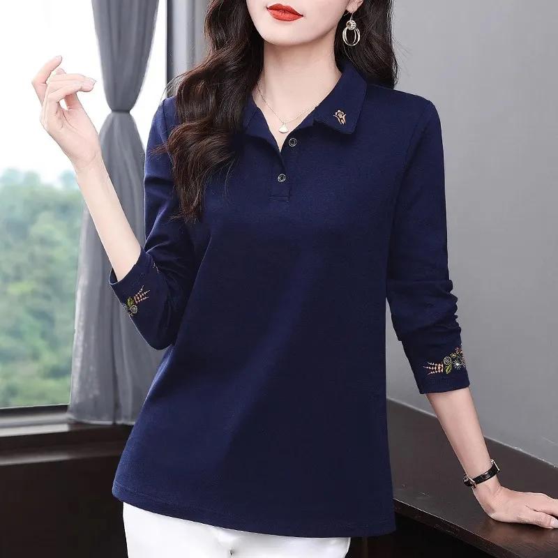 Women's Spring and Autumn Plus Long Sleeved Slimming T-shirt with Exquisite Design and Simple Base Polo Shirt
